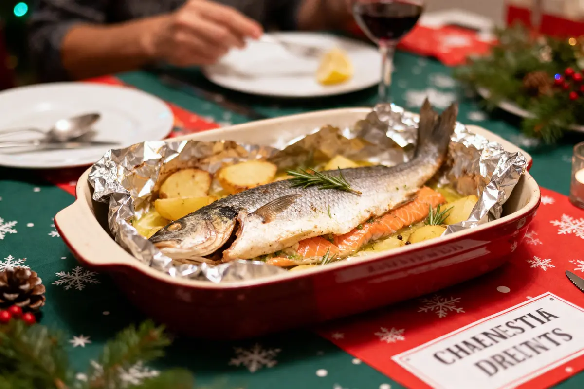 pexels-michal-pech-213601-757318 (1) Poisson rôti avec pommes de terre et herbes, sur table de fête, accompagné de verre de vin rouge.