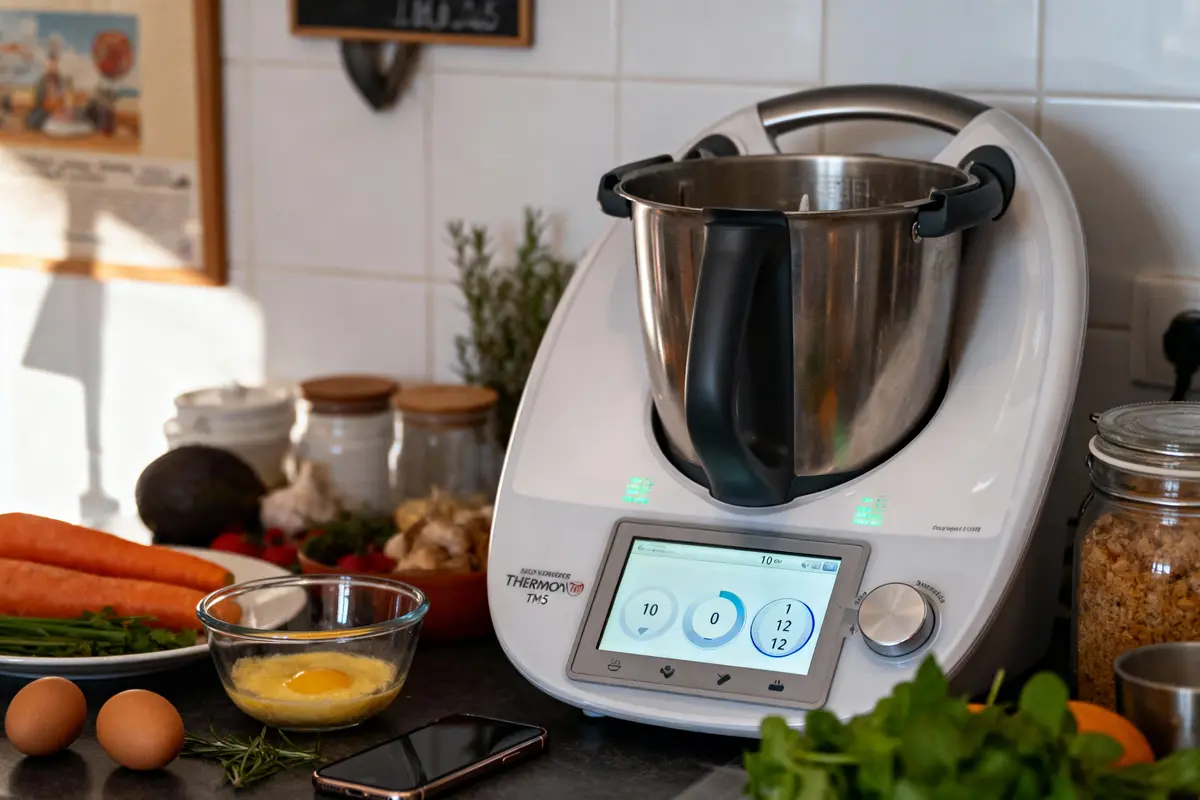 pexels-michal-pech-213601-757318 (1) Robot culinaire Thermomix sur un plan de travail, entouré d'ingrédients frais et d'un smartphone.
