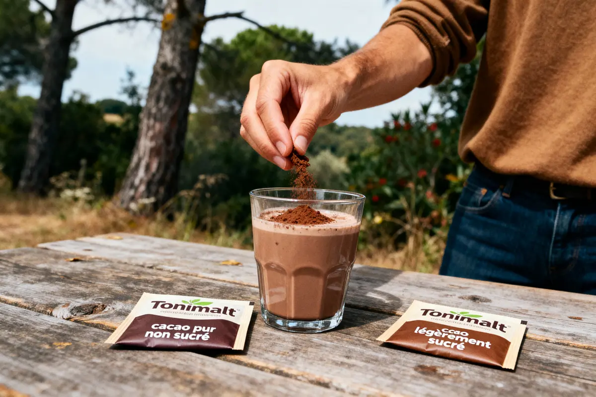 pexels-michal-pech-213601-757318 (1) Une main saupoudre du cacao dans un verre sur une table en bois, avec sachets de cacao.