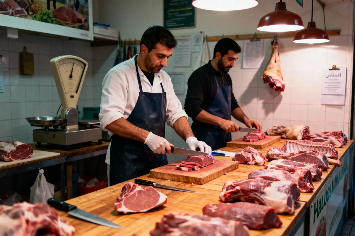Deux bouchers coupent de la viande sur des planches en bois dans une boucherie bien éclairée.