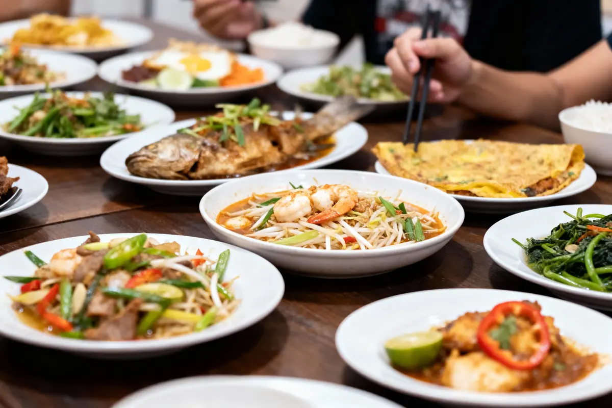 Divers plats asiatiques sur une table en bois, avec une personne utilisant des baguettes.