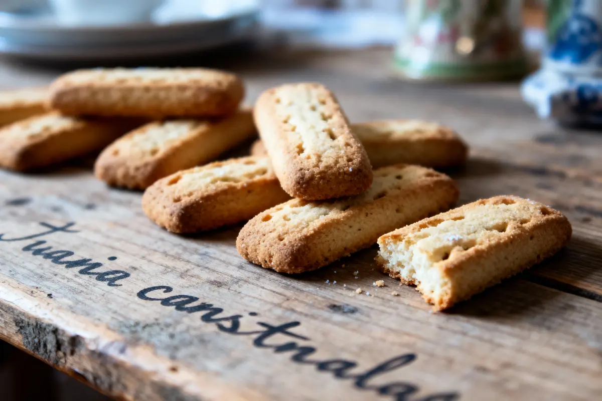 Biscuits sablés rectangulaires sur une table en bois, avec tasses floues à l’arrière-plan.