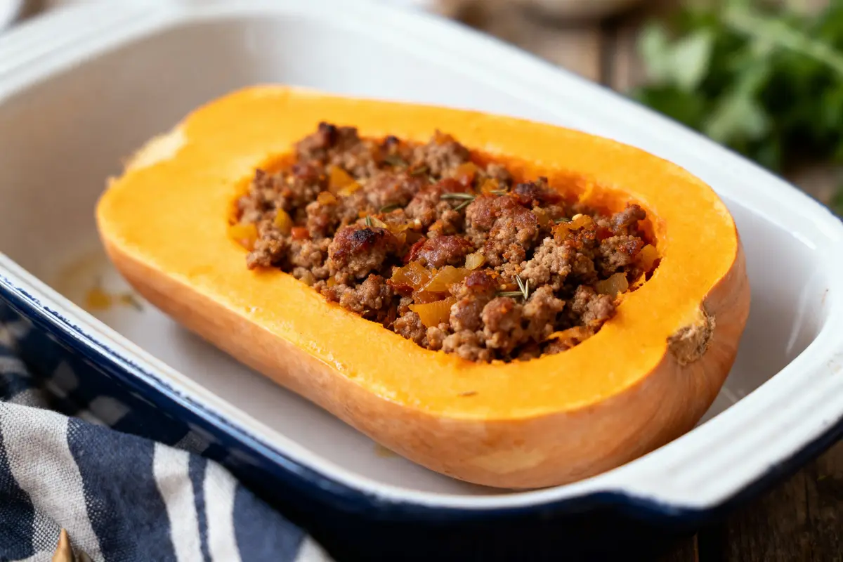 pexels-michal-pech-213601-757318 (1) Courge butternut farcie de viande hachée cuite, dans un plat en céramique, sur une nappe rayée.