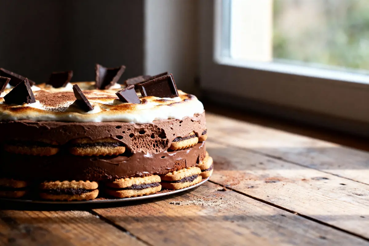 Gâteau au chocolat avec cookies et morceaux, éclairé par la lumière d'une fenêtre, sur table en bois.