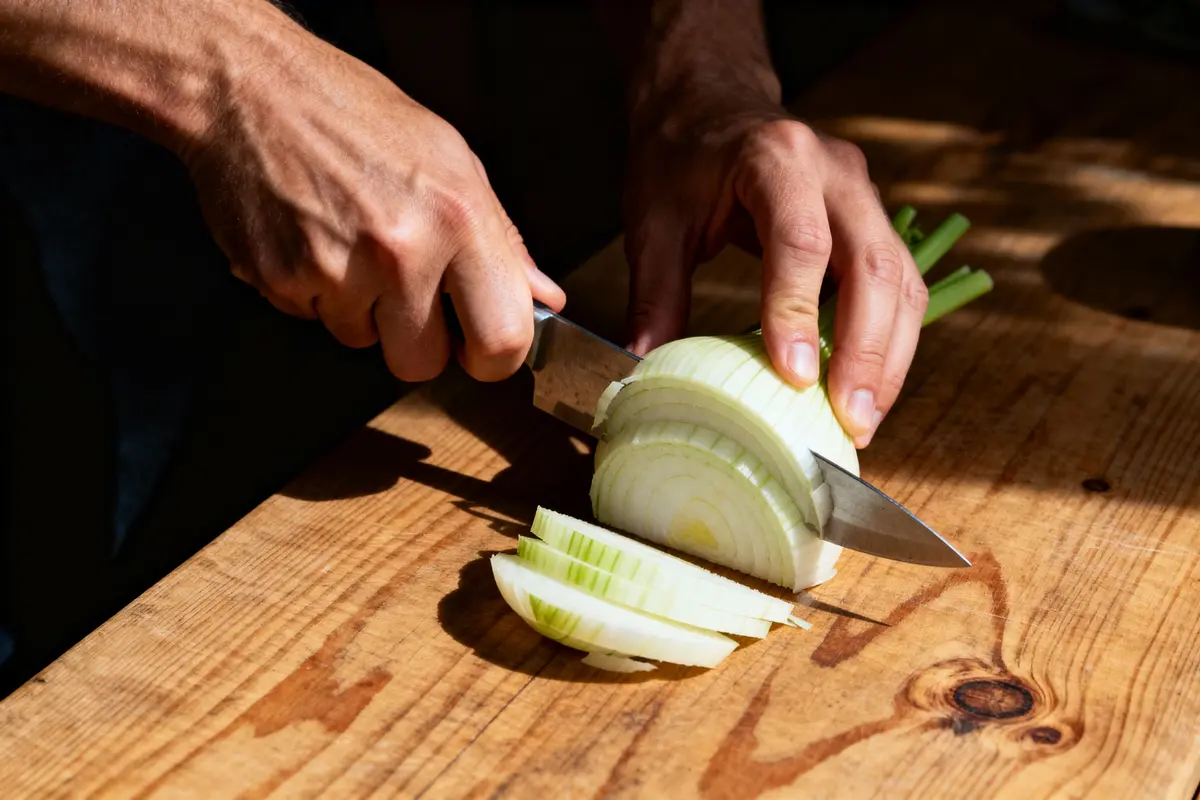 Personne découpant un oignon en tranches sur une planche en bois avec un couteau de cuisine.