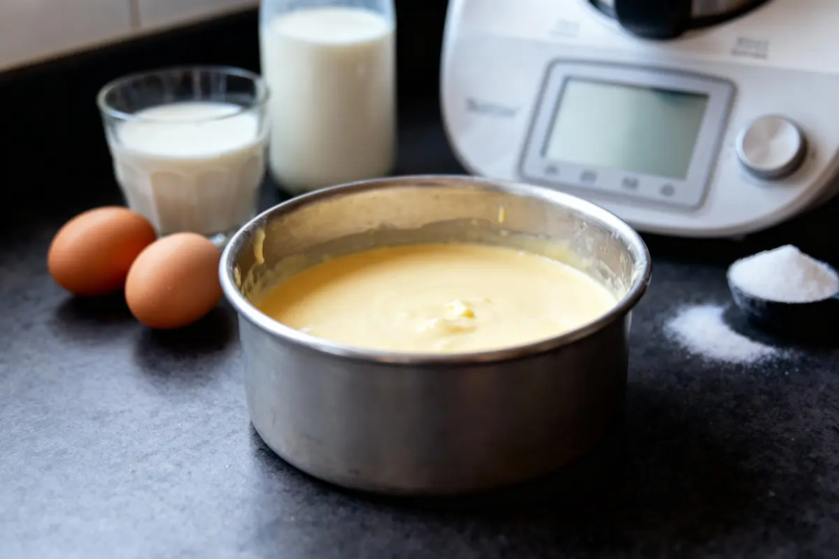 pexels-michal-pech-213601-757318 (1) Bol de pâte à gâteau, œufs, lait, sucre et robot culinaire sur un plan de travail sombre.