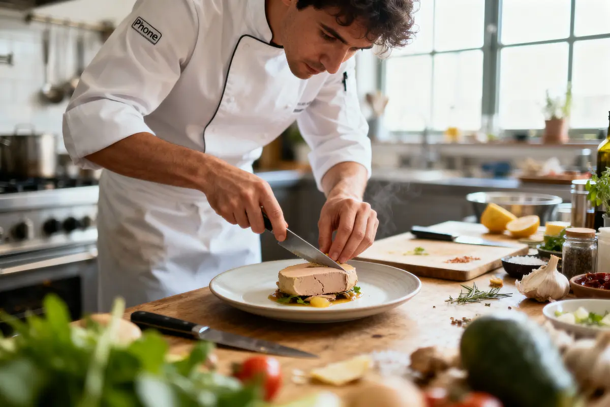 Chef en veste blanche préparant un plat élégant dans une cuisine professionnelle, entouré d'ingrédients frais.