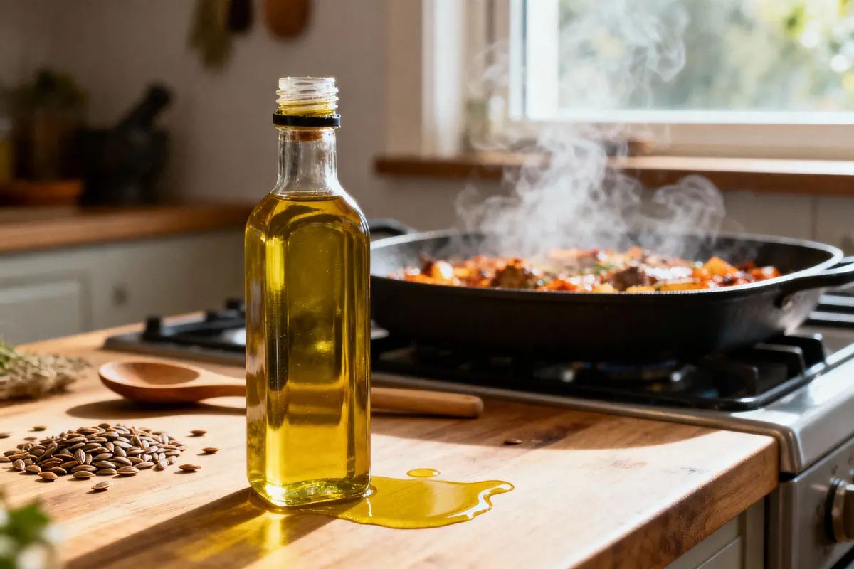 Bouteille d'huile d'olive devant poêle fumante sur cuisinière, graines et cuillère en bois sur le comptoir.