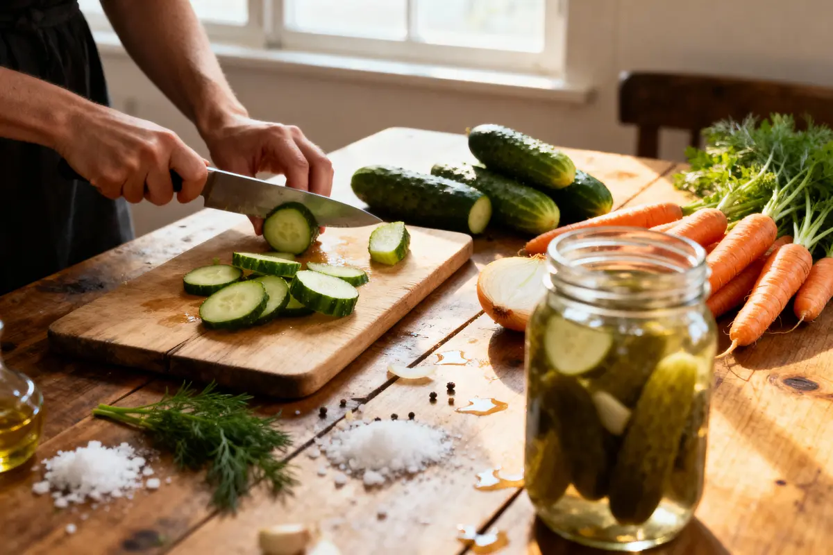 pexels-michal-pech-213601-757318 (1) Personne coupant des concombres sur une planche; légumes frais et pot de cornichons en arrière-plan.