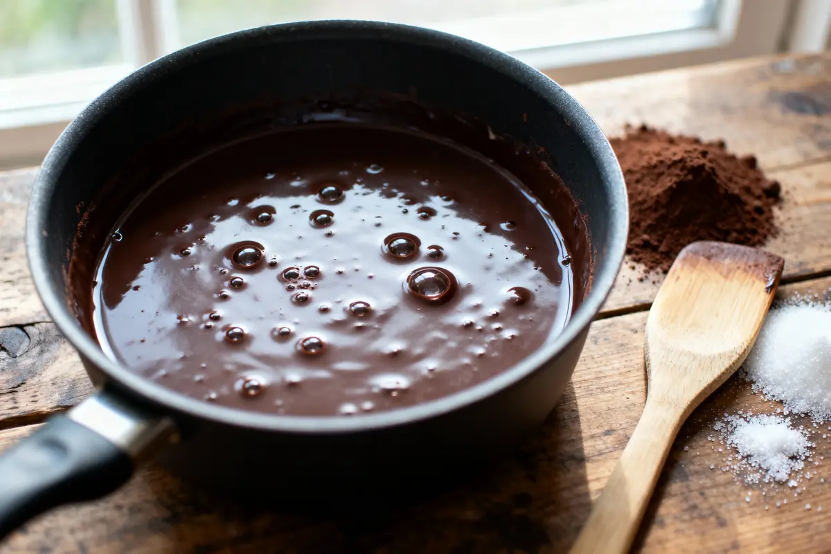 pexels-michal-pech-213601-757318 (1) Casserole avec sauce au chocolat, cuillère en bois, poudre de cacao et sucre sur table en bois.