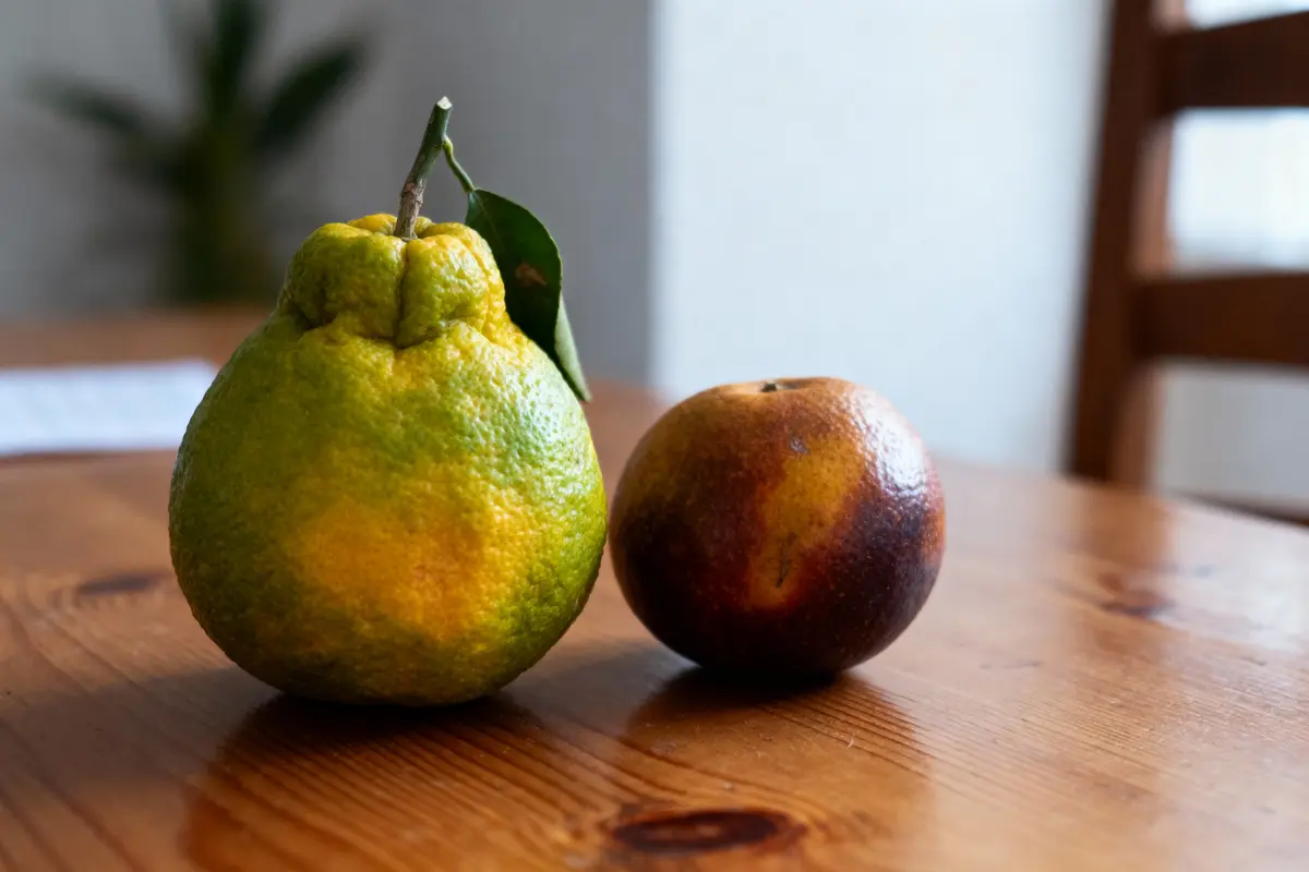 pexels-michal-pech-213601-757318 (1) Deux agrumes, un oranger bosselé et un brun, posés sur une table en bois.
