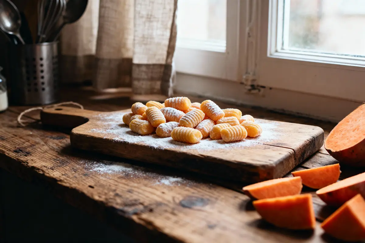 Gnocchis sur planche en bois, saupoudrés de farine, à côté de morceaux de patate douce, près d'une fenêtre.