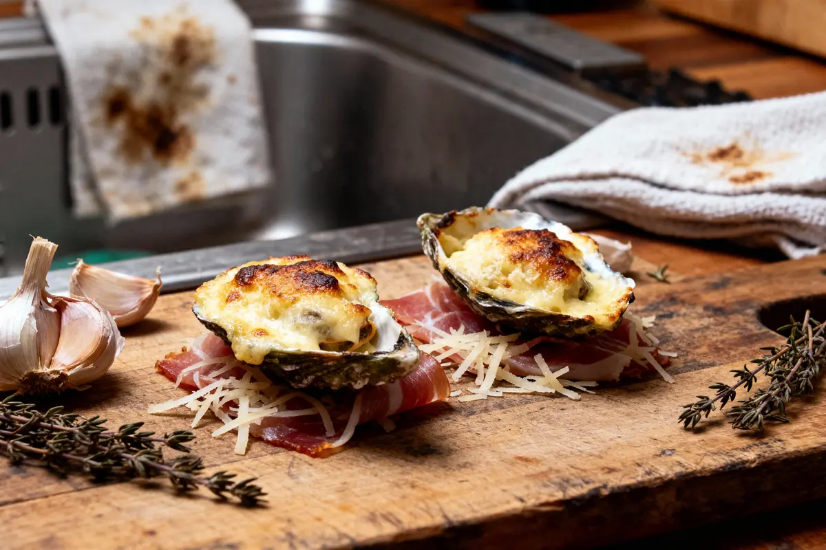 Deux huîtres gratinées sur planche en bois, avec ail, jambon, fromage râpé et thym, près d’un évier.