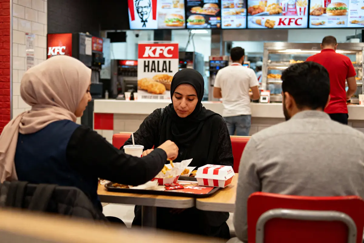 pexels-michal-pech-213601-757318 (1) Des personnes mangent au KFC Halal, à l'intérieur du restaurant, avec des menus affichés en arrière-plan.
