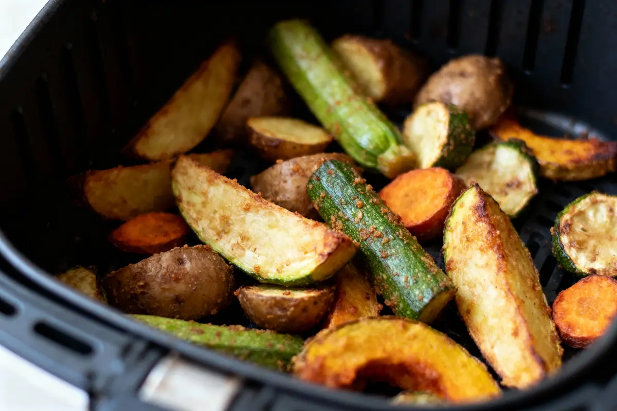 pexels-michal-pech-213601-757318 (1) Légumes variés rôtis, incluant pommes de terre, courgettes, et carottes, cuits dans une friteuse à air.