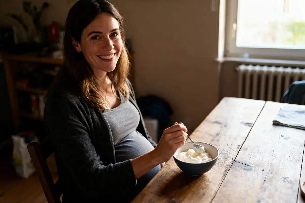 Femme enceinte souriante mangeant du yaourt à table en bois, dans un intérieur ensoleillé.