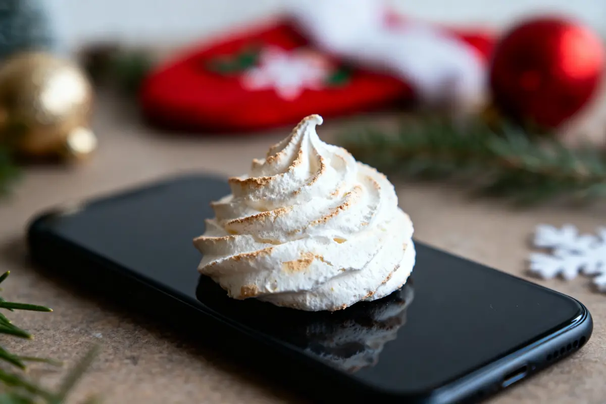 pexels-michal-pech-213601-757318 (1) Meringue blanche posée sur un smartphone noir, décorations de Noël en arrière-plan.