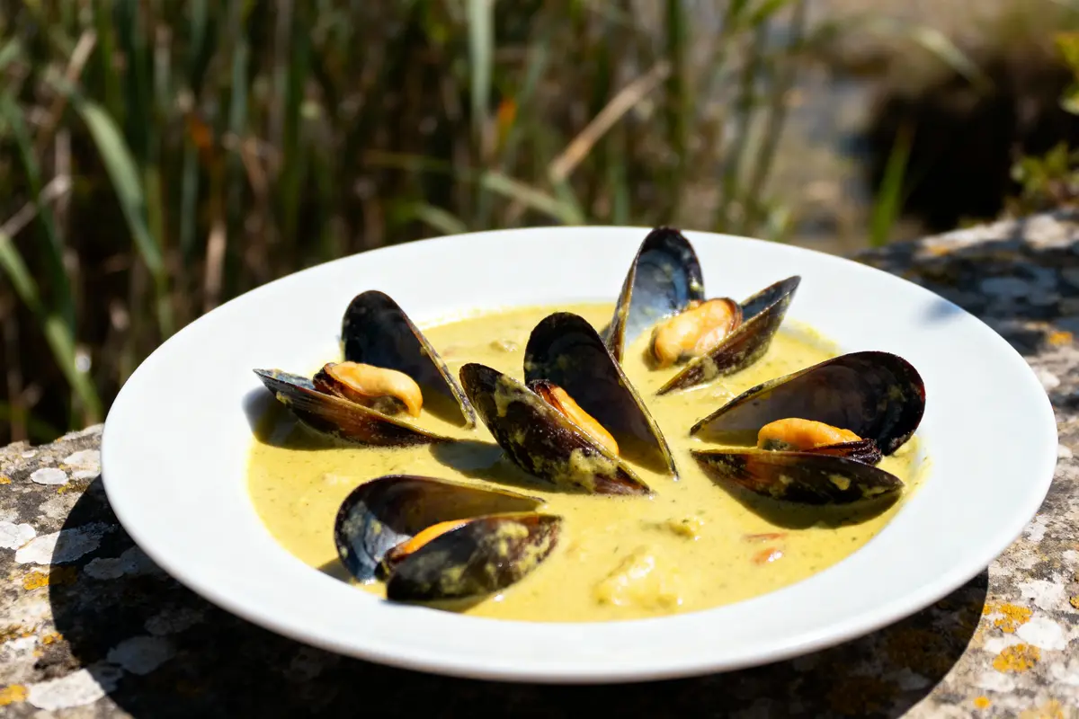 pexels-michal-pech-213601-757318 (1) Assiette de moules dans une sauce crémeuse jaune, posée sur une table en extérieur.