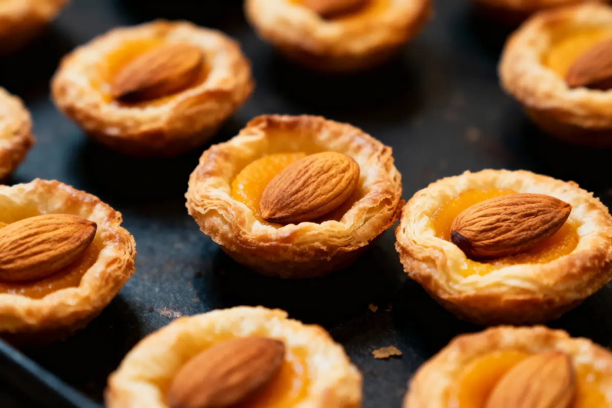 Tartelettes aux amandes et abricots sur une plaque de cuisson noire, prêtes à être dégustées.