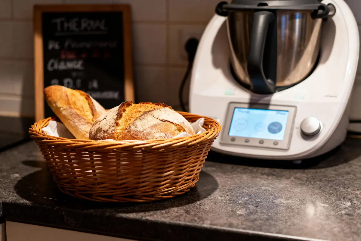 pexels-michal-pech-213601-757318 (1) Corbeille avec pain frais sur comptoir, à côté d'un robot de cuisine Thermomix moderne.