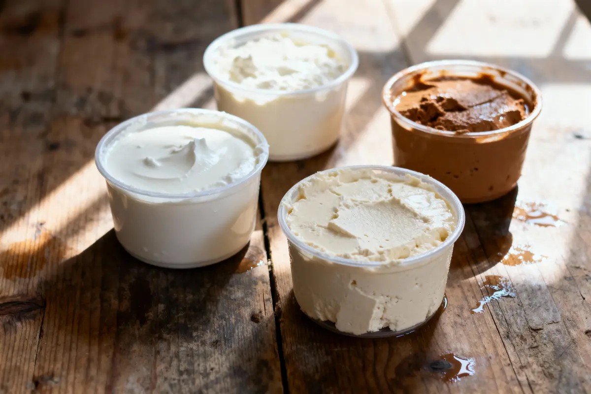 Quatre pots de fromage en crème divers sur une table en bois illuminée par la lumière du soleil.
