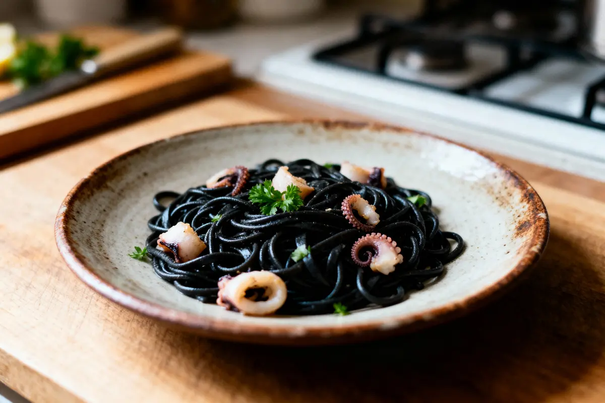 pexels-michal-pech-213601-757318 (1) Assiette de spaghettis à l'encre de seiche avec morceaux de poulpe et persil, plan de travail en bois.