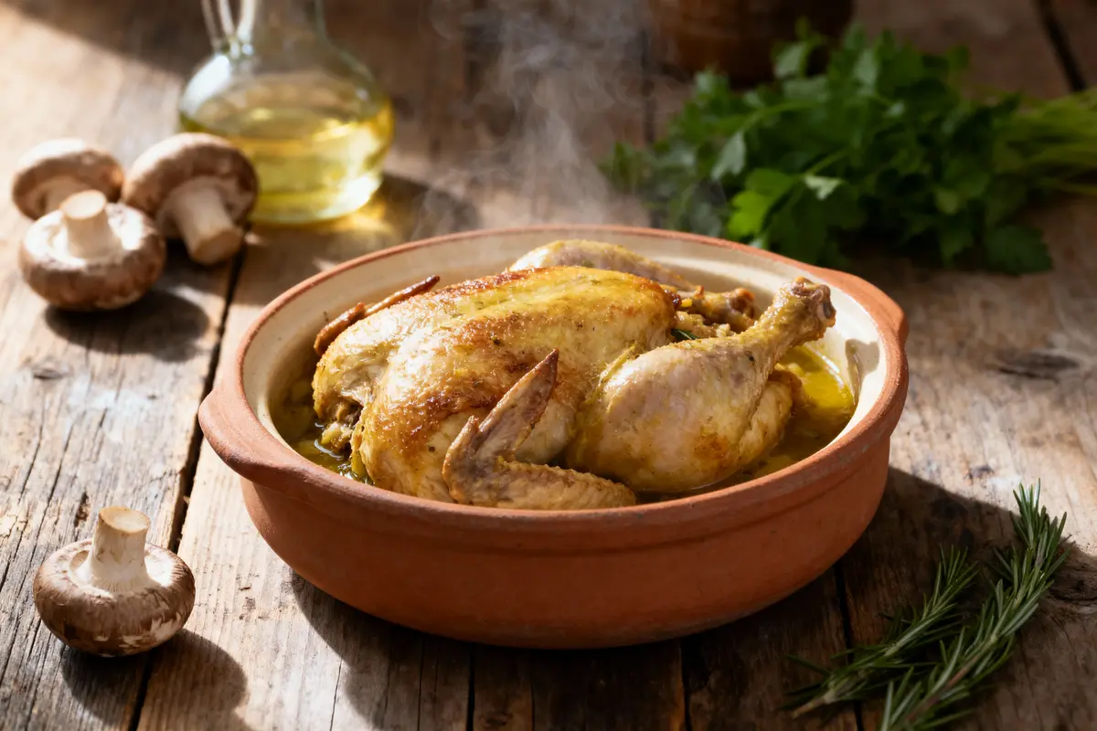 pexels-michal-pech-213601-757318 (1) Poulet rôti dans un plat en terre cuite, champignons, huile, herbes sur une table en bois.