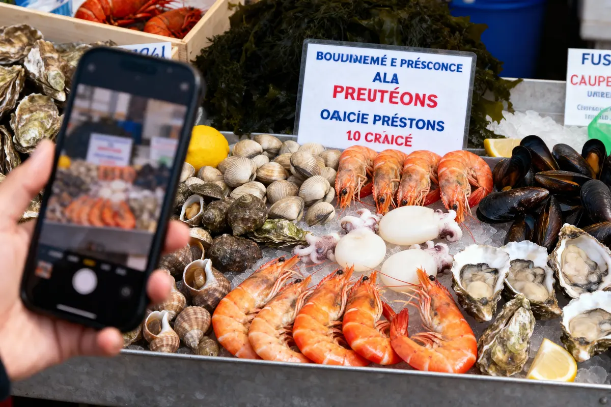 pexels-michal-pech-213601-757318 (1) Un marché aux fruits de mer avec crevettes, huîtres, moules, et coquillages sur glace. Téléphone prenant une photo.