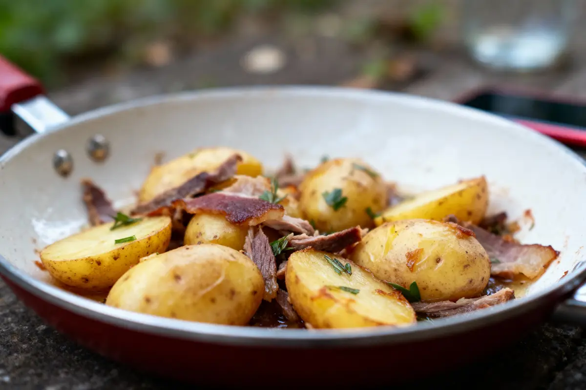 pexels-michal-pech-213601-757318 (1) Poêlée de pommes de terre sautées avec morceaux de viande et herbes, dans une poêle rouge.