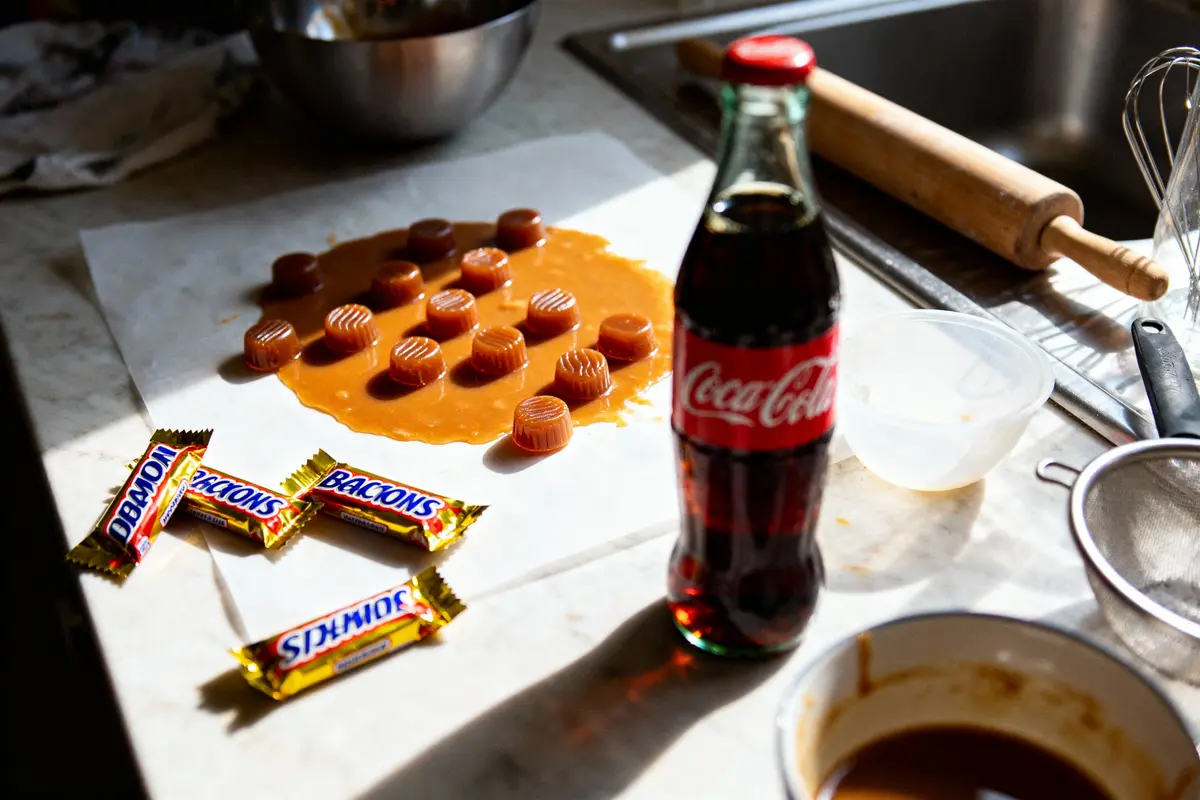 pexels-michal-pech-213601-757318 (1) Caramels sur papier cuisson, bonbons emballés, bouteille de Coca-Cola sur plan de travail de cuisine.