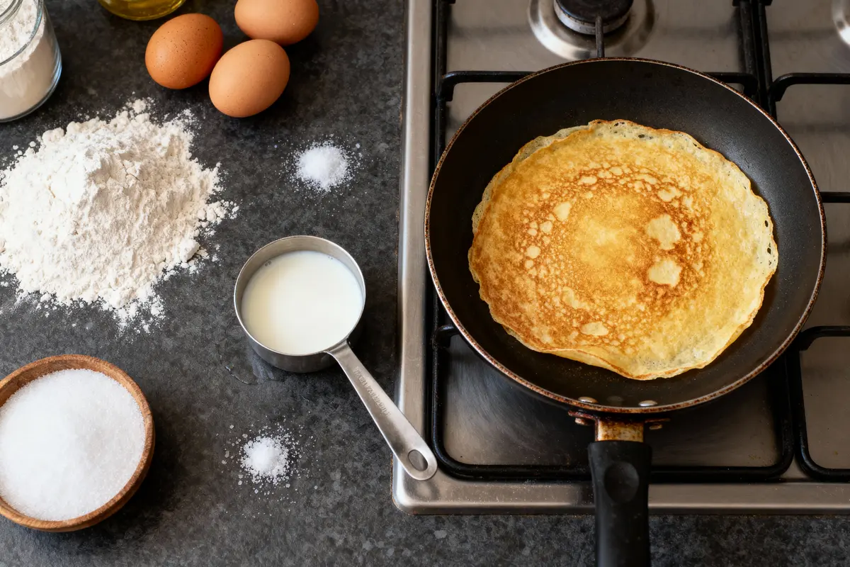 pexels-michal-pech-213601-757318 (1) Crêpe cuisant à la poêle avec ingrédients : farine, œufs, lait, sel, sucre sur comptoir de cuisine.