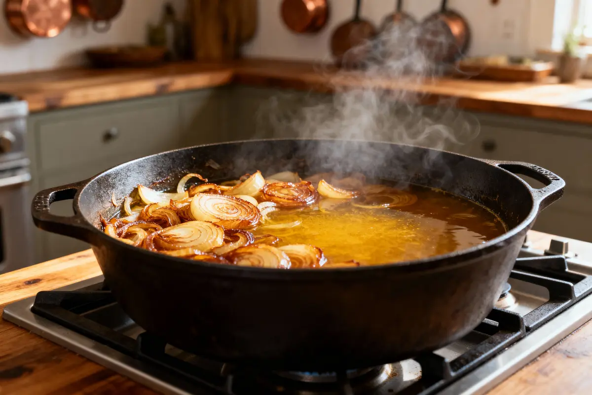 pexels-michal-pech-213601-757318 (1) Poêle en fonte avec oignons caramélisés fumants, sur une cuisinière dans une cuisine rustique en bois.