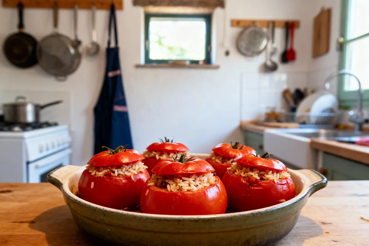 pexels-michal-pech-213601-757318 (1) Tomates farcies au riz dans un plat en cuisine, ustensiles suspendus, cuisinière au fond.