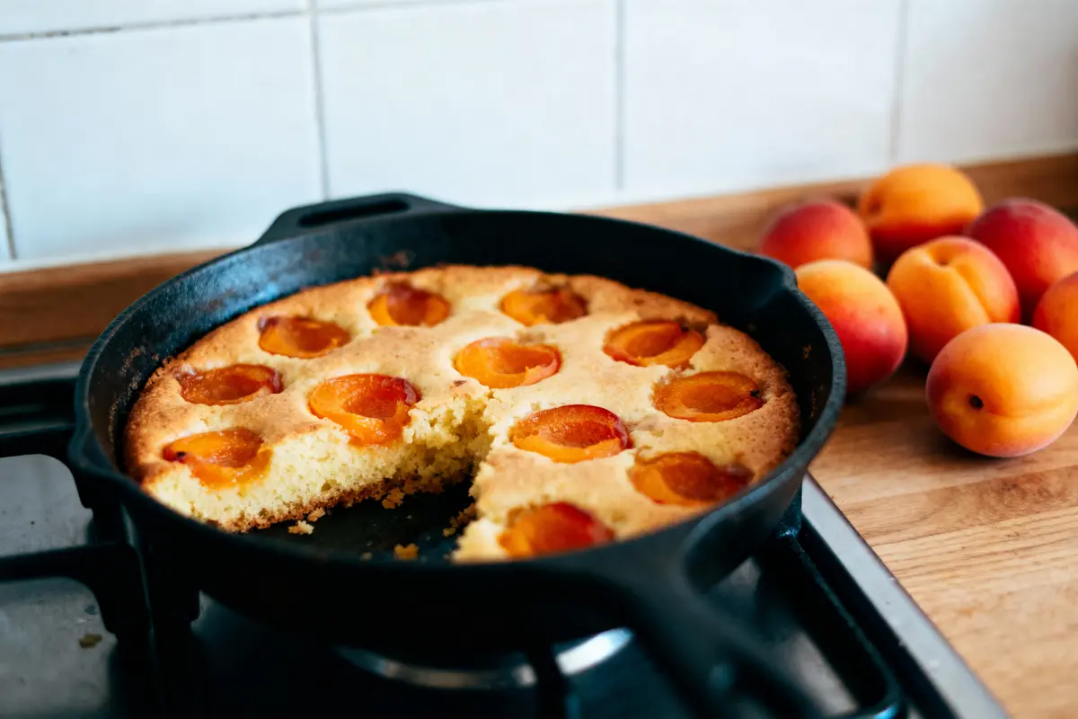 pexels-michal-pech-213601-757318 (1) Gâteau aux abricots dans poêle en fonte, part manquante, abricots frais sur table en bois.