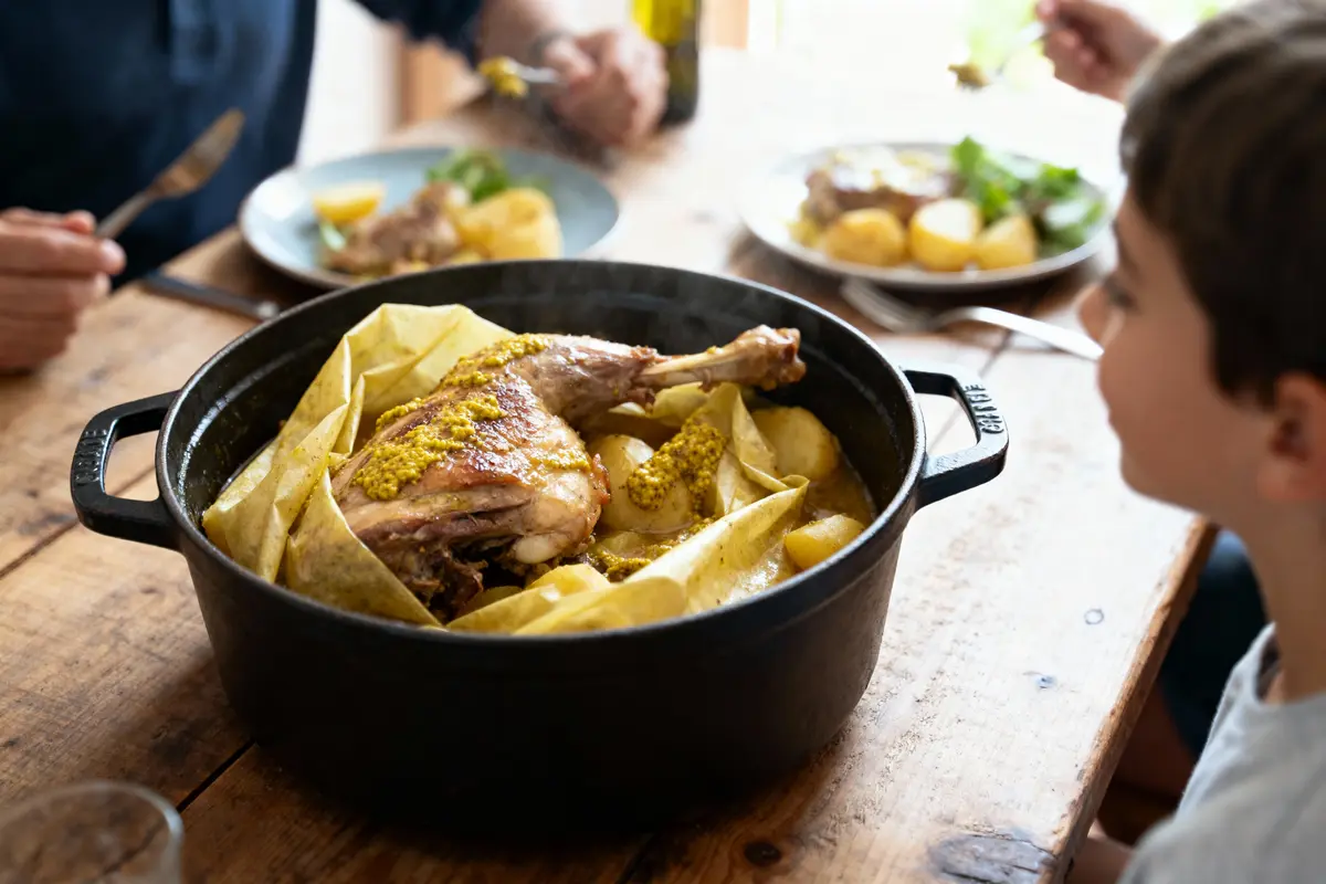 pexels-michal-pech-213601-757318 (1) Plat mijoté avec poulet et pommes de terre, servi à table entouré de personnes.