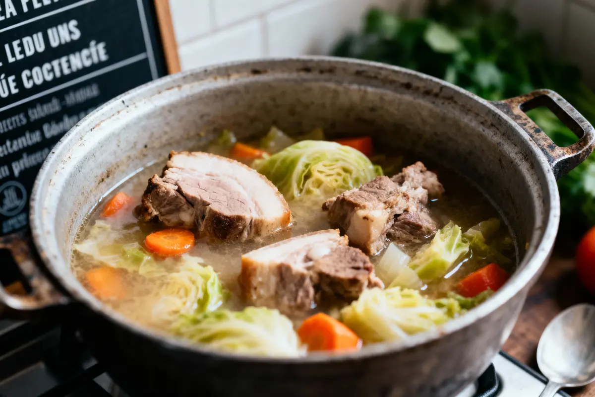 pexels-michal-pech-213601-757318 (1) Marmite contenant du pot-au-feu avec viande, chou, carottes et bouillon, sur une cuisinière.