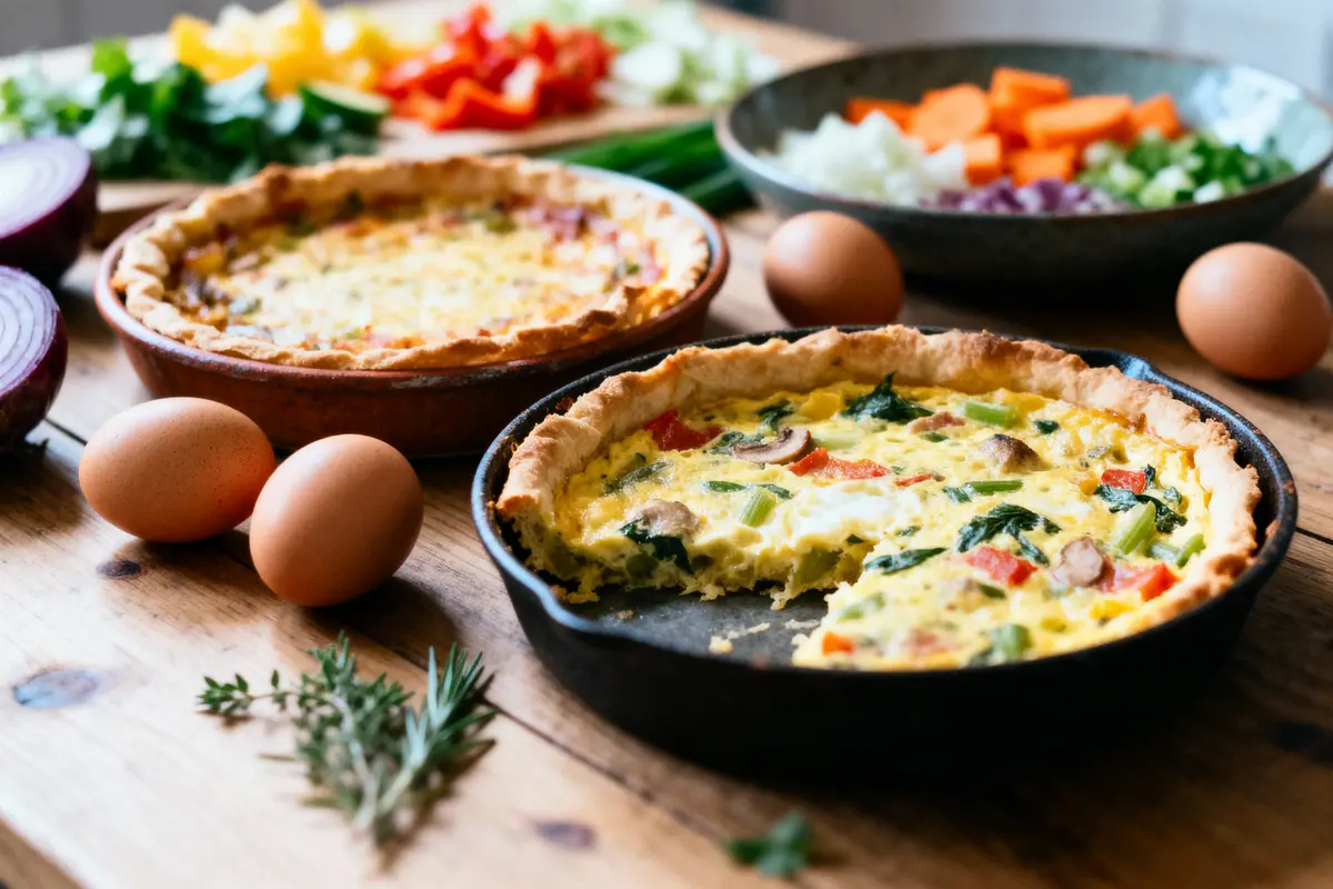 Tarte salée aux légumes avec œufs sur table en bois, entourée d'ingrédients frais et herbes aromatiques.