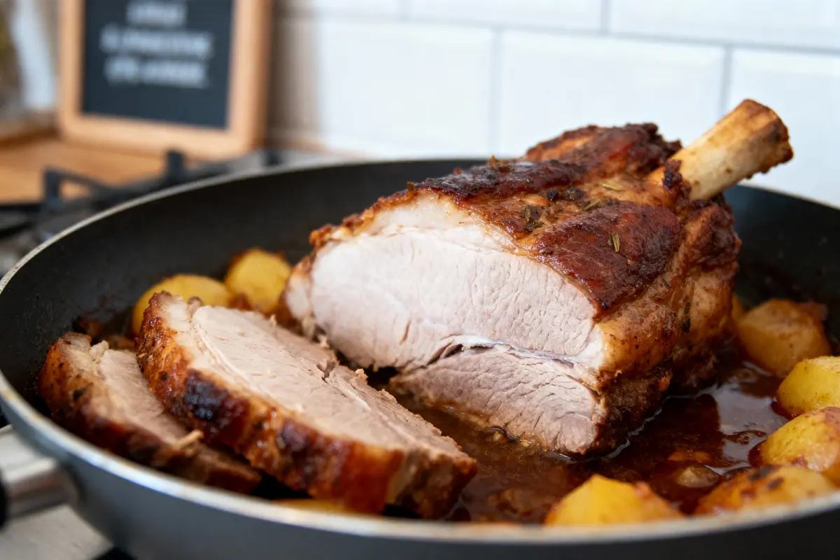 pexels-michal-pech-213601-757318 (1) Rôti de porc juteux dans une poêle avec pommes de terre rôties, prêt à servir.