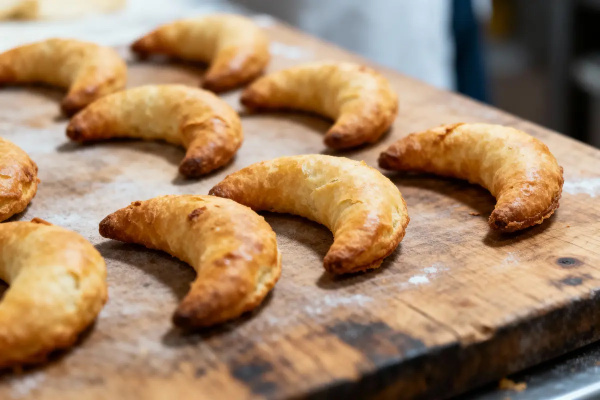 pexels-michal-pech-213601-757318 (1) Croissants dorés sur planche en bois, pâtisserie artisanale en gros plan.