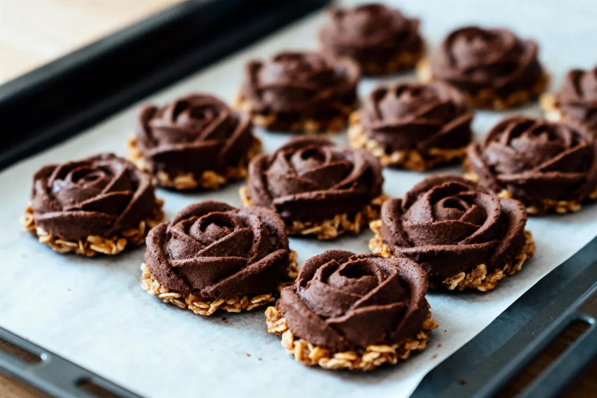 Biscuits en forme de roses au chocolat, posés sur une plaque recouverte de papier sulfurisé.