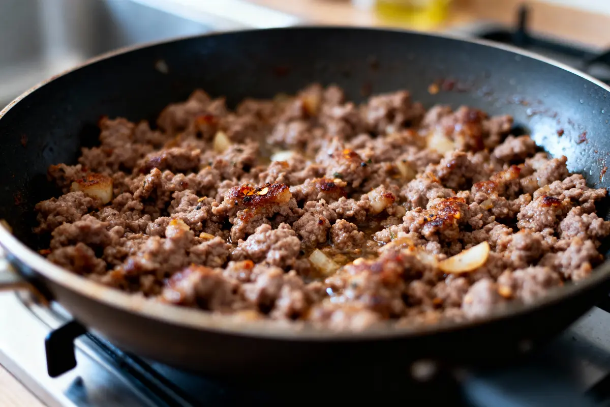 pexels-michal-pech-213601-757318 (1) Viande hachée cuisant dans une poêle noire, morceaux dorés et oignons visibles.