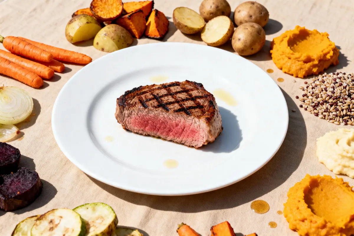 pexels-michal-pech-213601-757318 (1) Steak grillé sur assiette blanche entouré de légumes variés, purées et céréales.