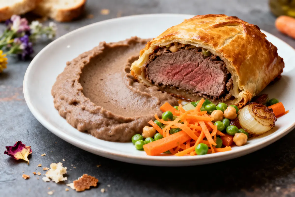 Bœuf Wellington, purée, légumes, pois chiches, carottes, et petits pois sur une assiette blanche avec fleurs décoratives.