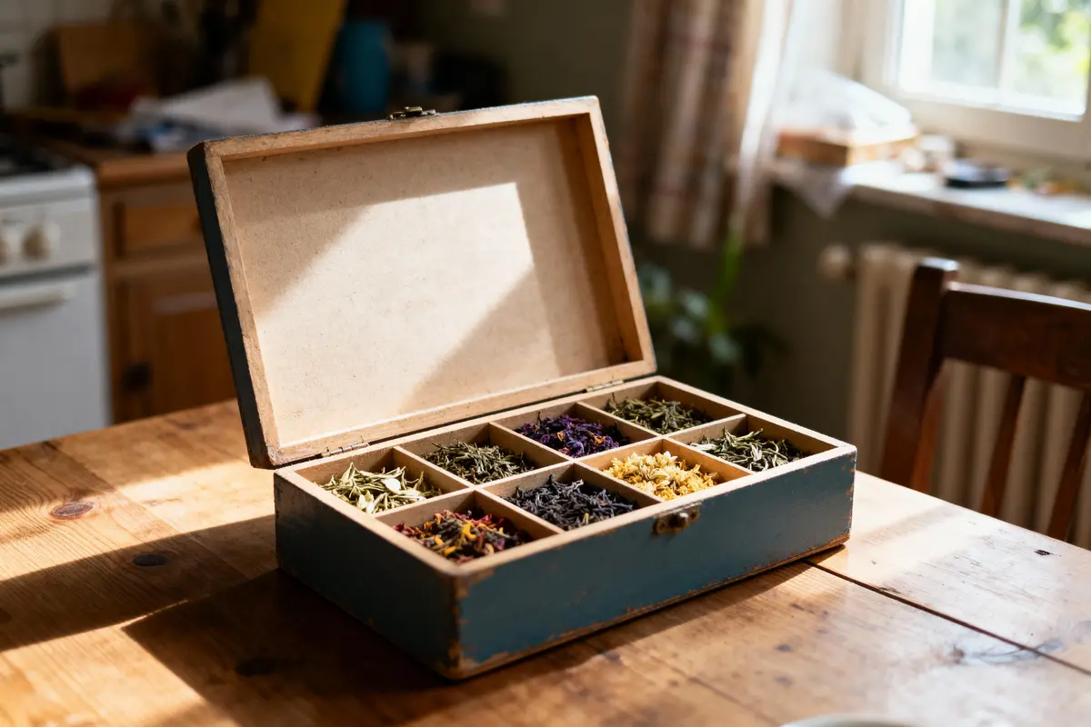 pexels-michal-pech-213601-757318 (1) Boîte ouverte avec compartiments, remplis de différentes herbes séchées, sur une table en bois dans une cuisine.