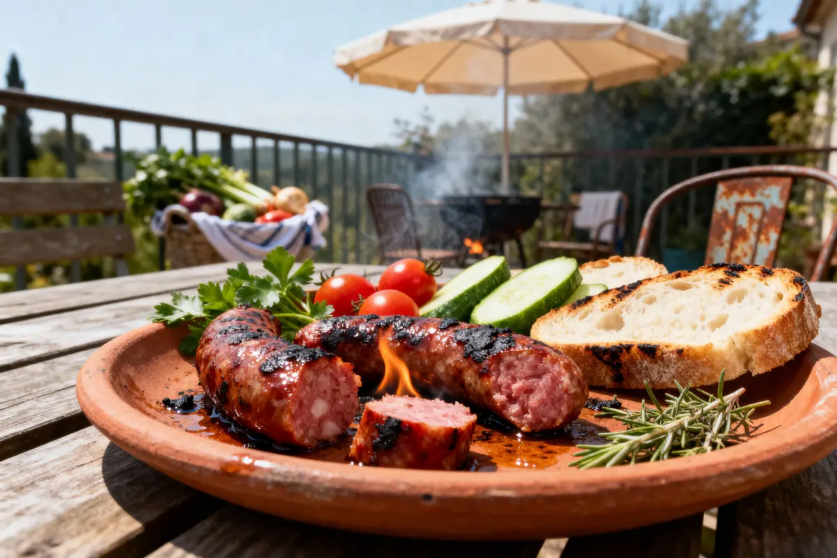 Assiette avec saucisse grillée, pain, concombres, tomates, sur table extérieure, barbecue en arrière-plan.