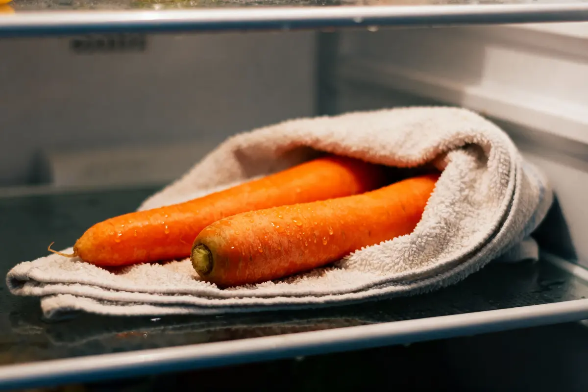 pexels-michal-pech-213601-757318 (1) Deux carottes fraîches sur une étagère de réfrigérateur, enveloppées dans un chiffon blanc.