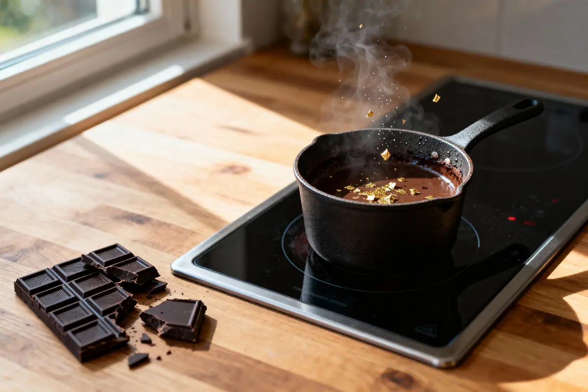 pexels-michal-pech-213601-757318 (1) Casserole de chocolat fondant avec feuilles dorées, plaque de cuisson et tablette de chocolat en morceaux.