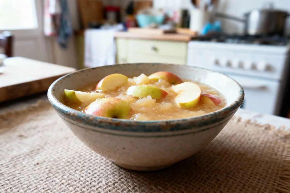 pexels-michal-pech-213601-757318 (1) Bol de compote de pommes avec morceaux frais, sur table en cuisine rustique.
