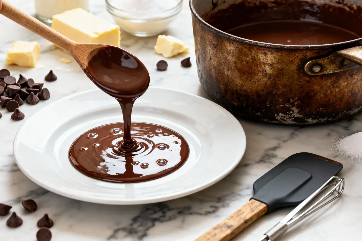 Cuillère versant chocolat fondu dans assiette, casserole en arrière-plan, pépites, beurre et ustensiles sur table marbre.