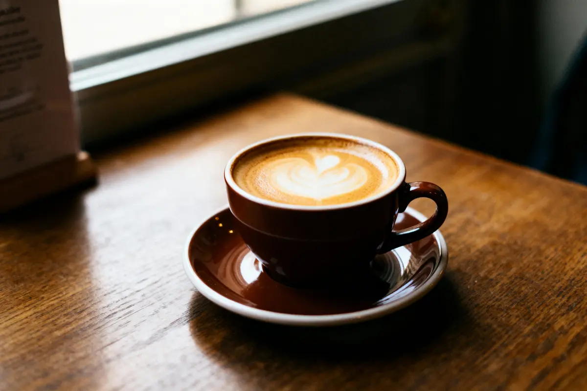 Tasse de café avec motif de latte art, posée sur une table en bois près d'une fenêtre.